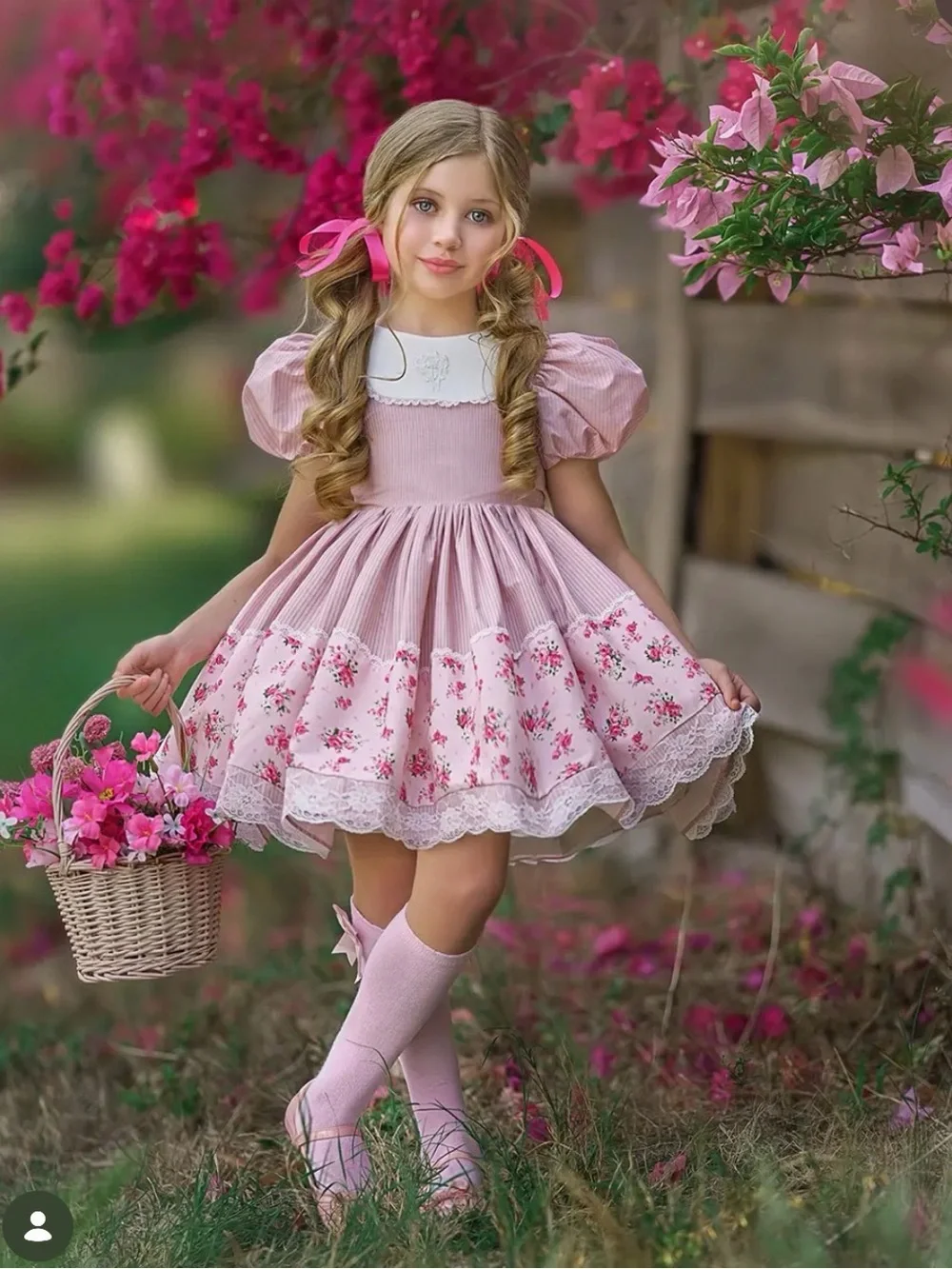 Dollcake Pink Floral Puff Sleeve Cotton Dress with Lace